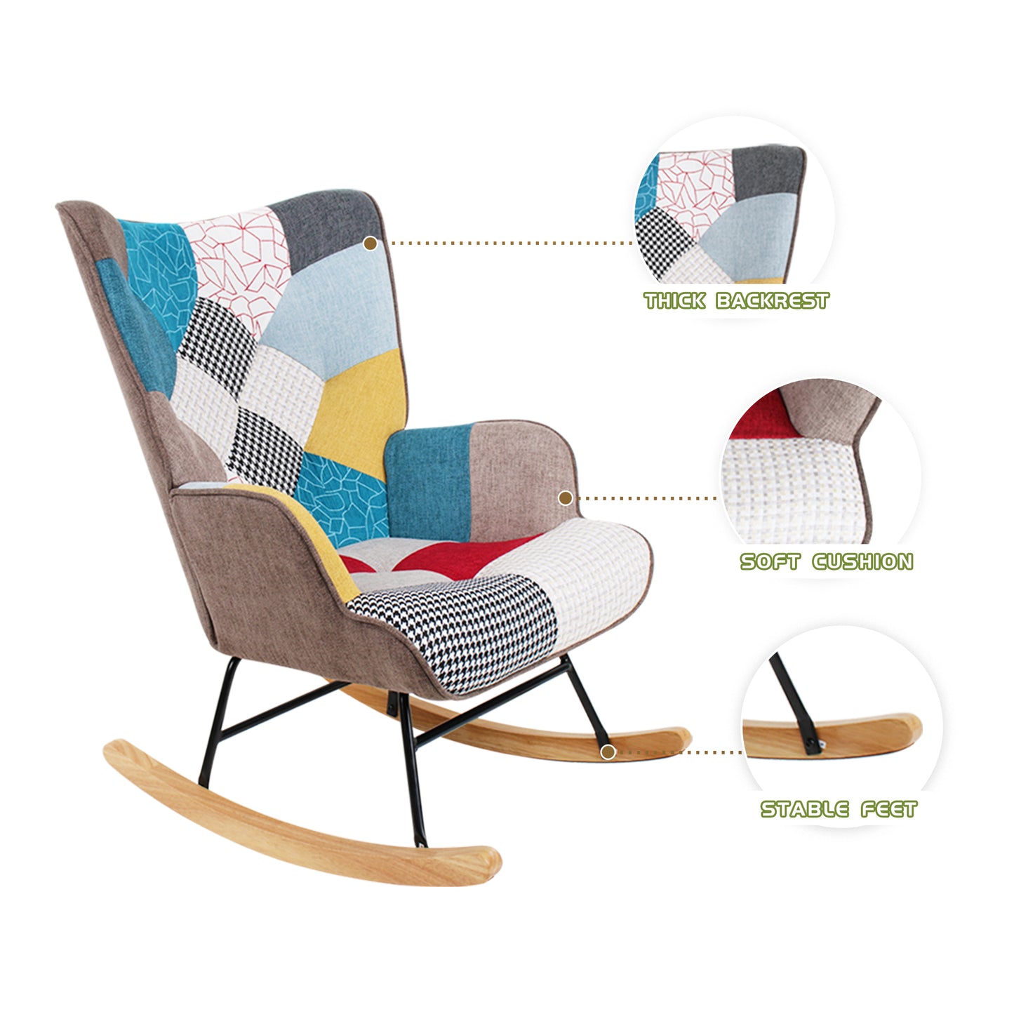 Mid-Century Rocking Chair with Ottoman – Patchwork Fabric Rocker with Wood Legs