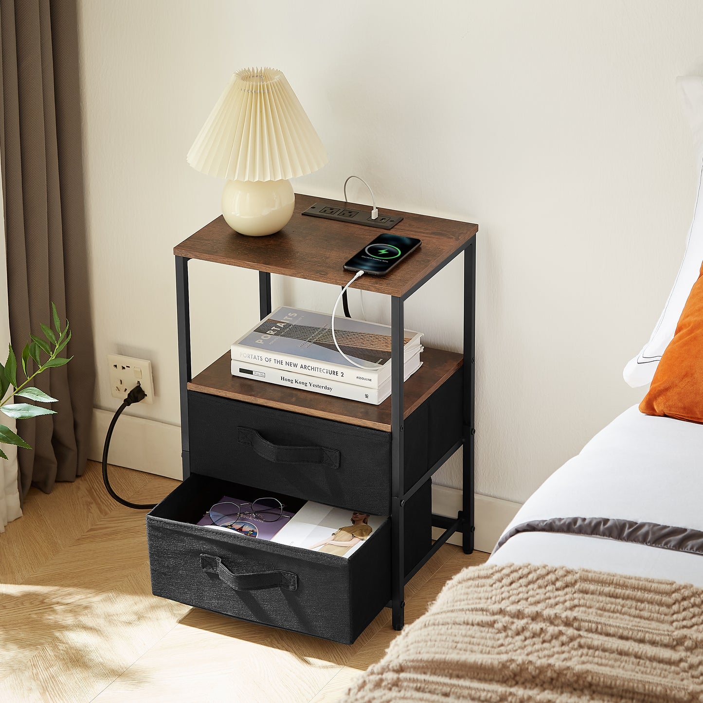 Table with Charging Station – Nightstand with USB Ports, Outlet & Storage Drawerss
