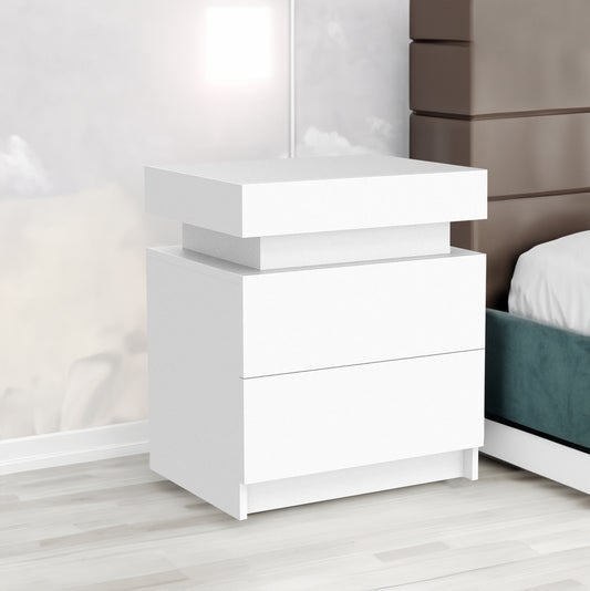 Modern White Nightstand with LED Lights & 2 Storage Drawers
