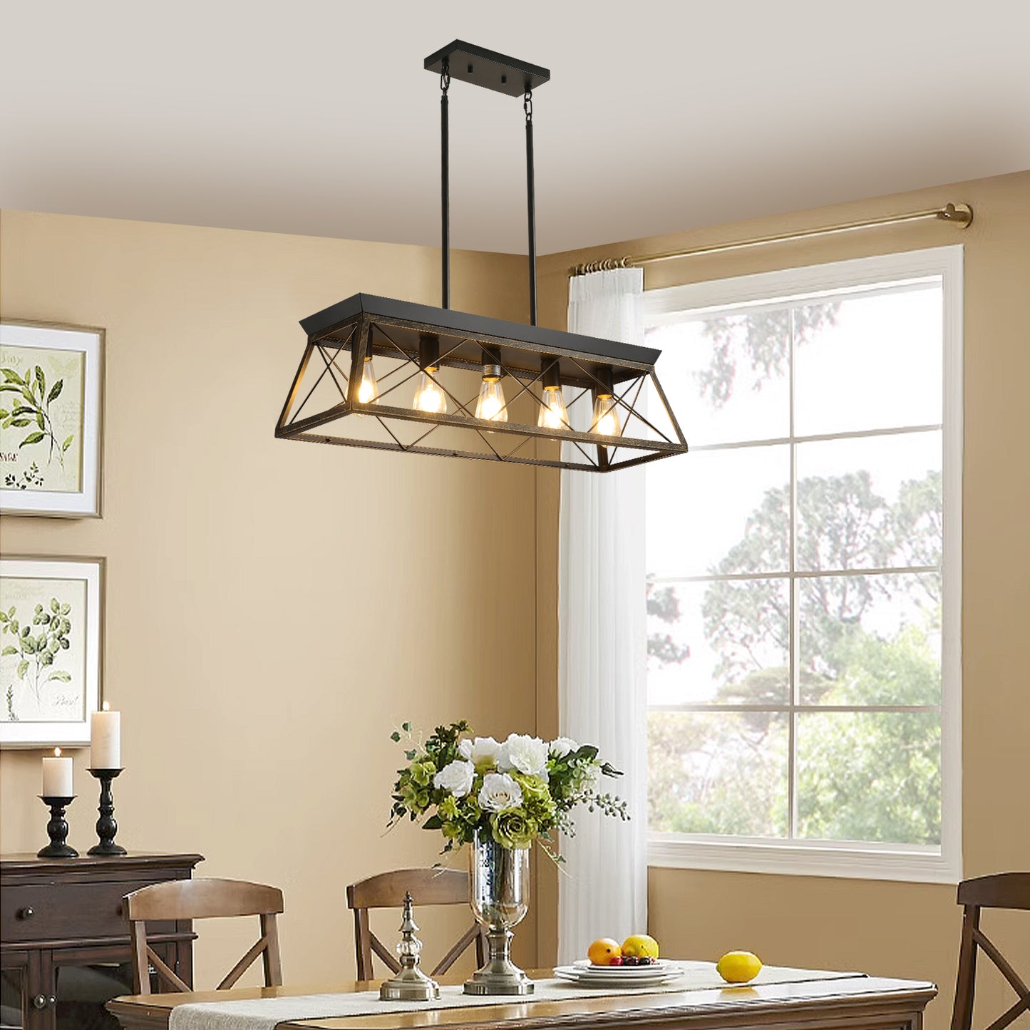 5-Light Farmhouse Chandelier – Rustic Black & Gold Pendant Light for Kitchen Island & Dining Room