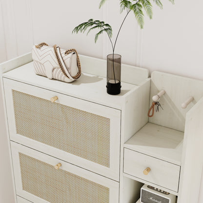 Natural Boho Rattan Shoe Cabinet – 3 Flip Drawers, Open Shelves & Storage Drawer