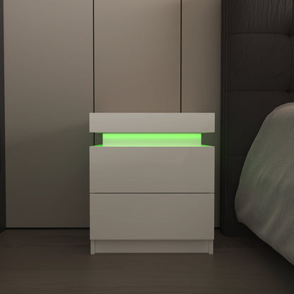 Modern White Nightstand with LED Lights & 2 Storage Drawers