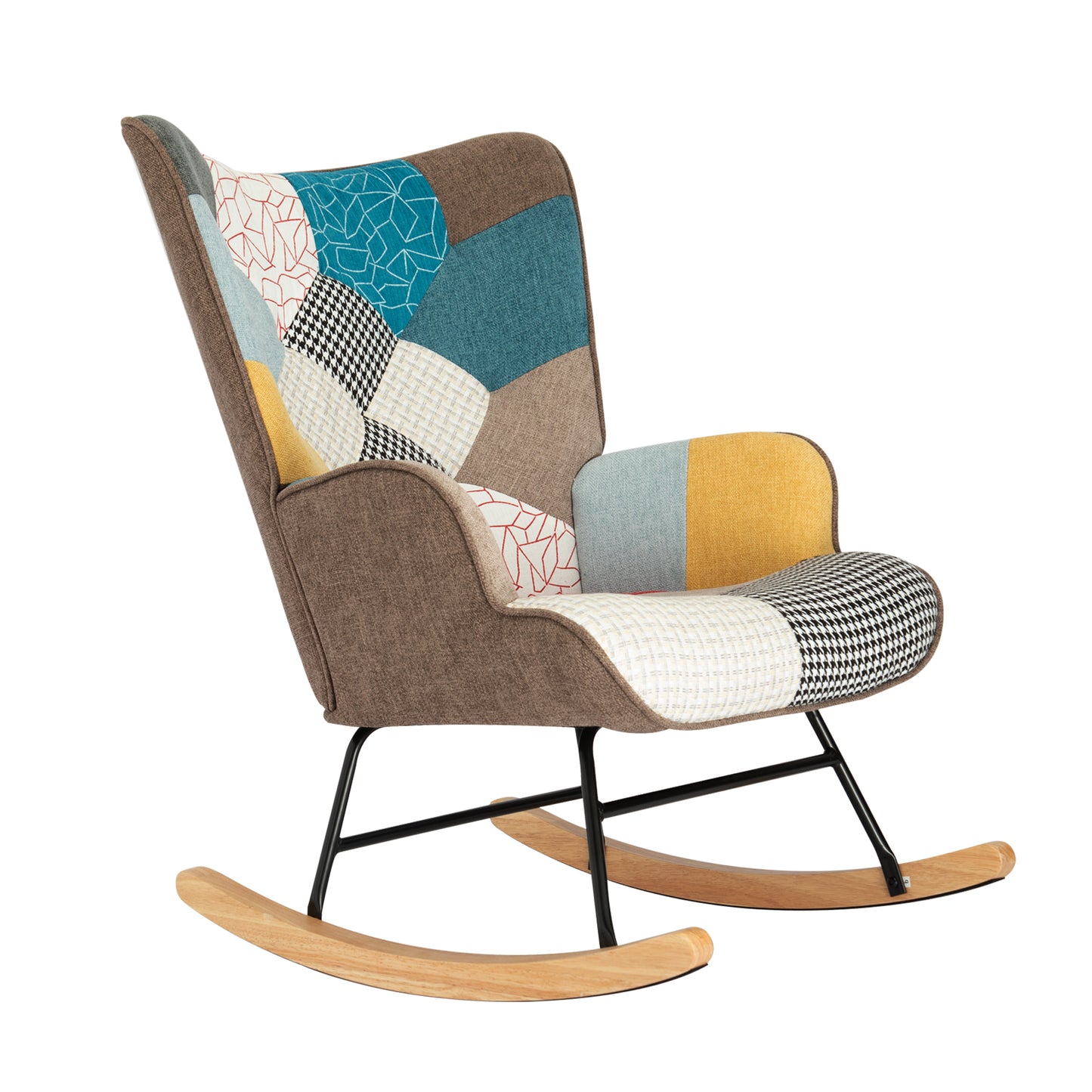Mid-Century Rocking Chair with Ottoman – Patchwork Fabric Rocker with Wood Legs