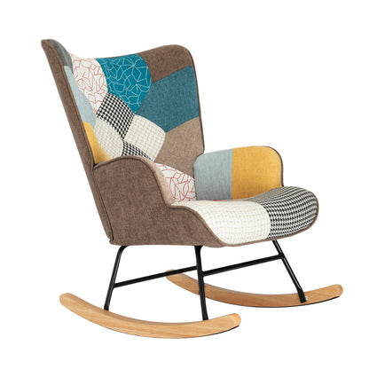 Mid-Century Rocking Chair with Ottoman – Patchwork Fabric Rocker with Wood Legs