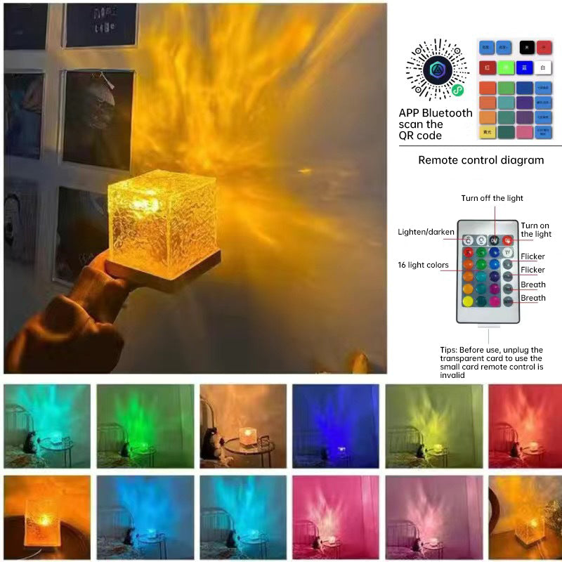 16-Color Rotating Water Ripple Projector Night Light – Crystal Flame Atmosphere Lamp