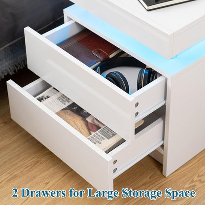 Modern White Nightstand with LED Lights & 2 Storage Drawers
