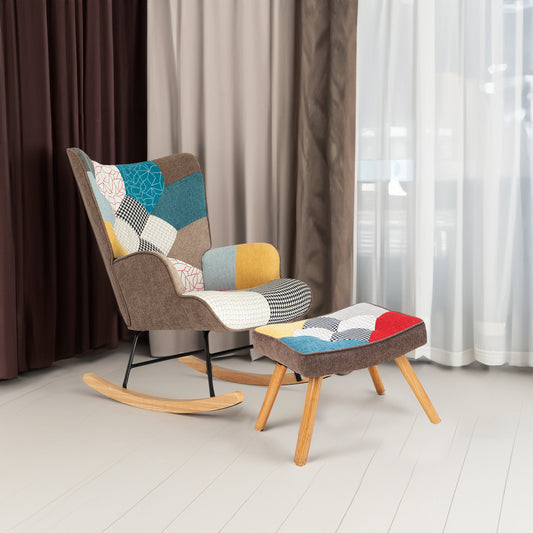 Mid-Century Rocking Chair with Ottoman – Patchwork Fabric Rocker with Wood Legs