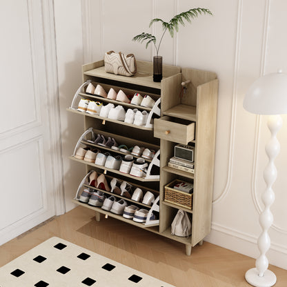 Natural Bohemian Rattan Shoe Cabinet – 3 Flip Drawers, Shelves & Storage Drawer