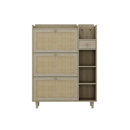 Natural Bohemian Rattan Shoe Cabinet – 3 Flip Drawers, Shelves & Storage Drawer