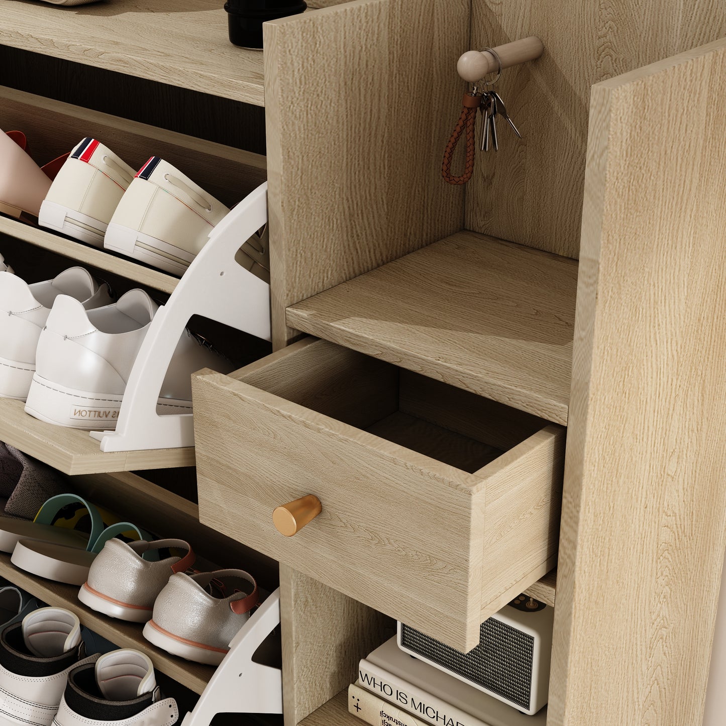 Natural Bohemian Rattan Shoe Cabinet – 3 Flip Drawers, Shelves & Storage Drawer