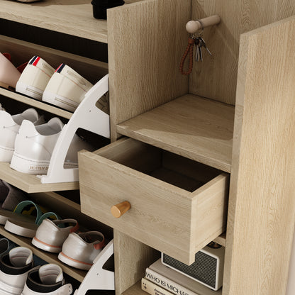 Natural Bohemian Rattan Shoe Cabinet – 3 Flip Drawers, Shelves & Storage Drawer