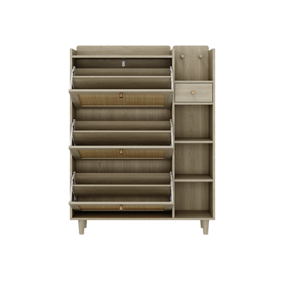 Natural Bohemian Rattan Shoe Cabinet – 3 Flip Drawers, Shelves & Storage Drawer