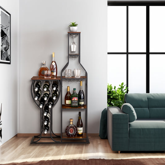 Rustic 11-Bottle Wine Rack with Glass Holder & Storage Shelves – 5-Tier Freestanding Wine Organizer