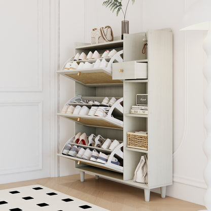 Natural Boho Rattan Shoe Cabinet – 3 Flip Drawers, Open Shelves & Storage Drawer
