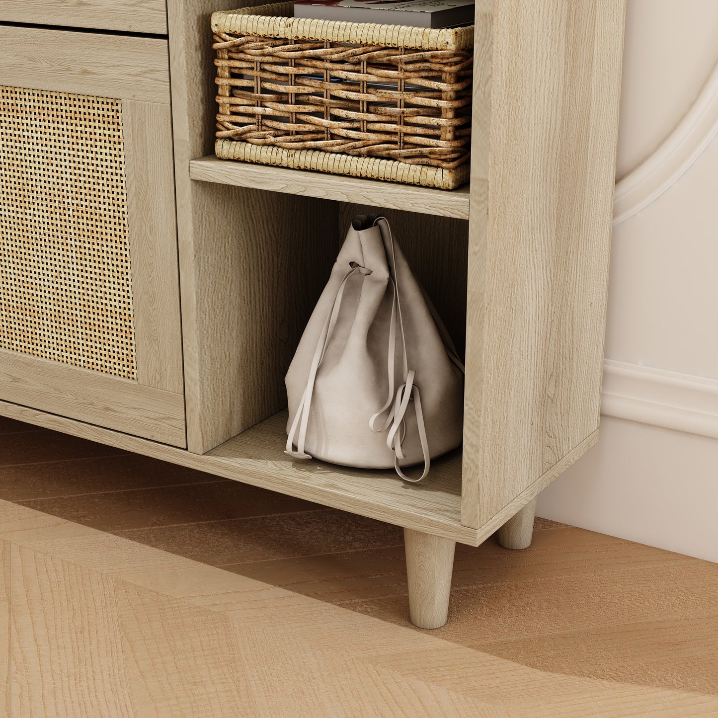 Natural Bohemian Rattan Shoe Cabinet – 3 Flip Drawers, Shelves & Storage Drawer