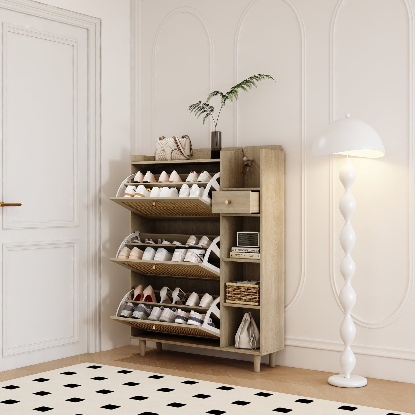 Natural Bohemian Rattan Shoe Cabinet – 3 Flip Drawers, Shelves & Storage Drawer