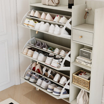 Natural Boho Rattan Shoe Cabinet – 3 Flip Drawers, Open Shelves & Storage Drawer