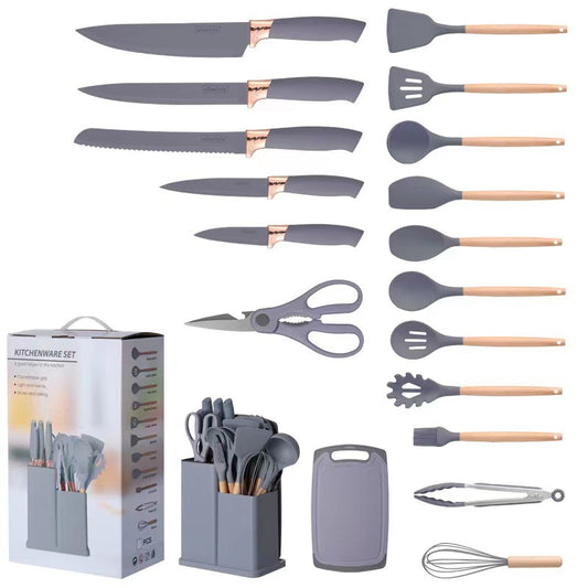 19-Piece Silicone Cookware Set – Non-Stick Utensils with Wooden Handles